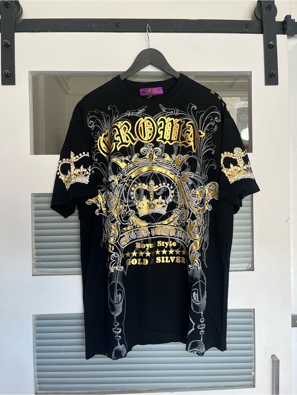 Y2k Graphic Short-Sleeve Tee in Black with Gold & Silver Print